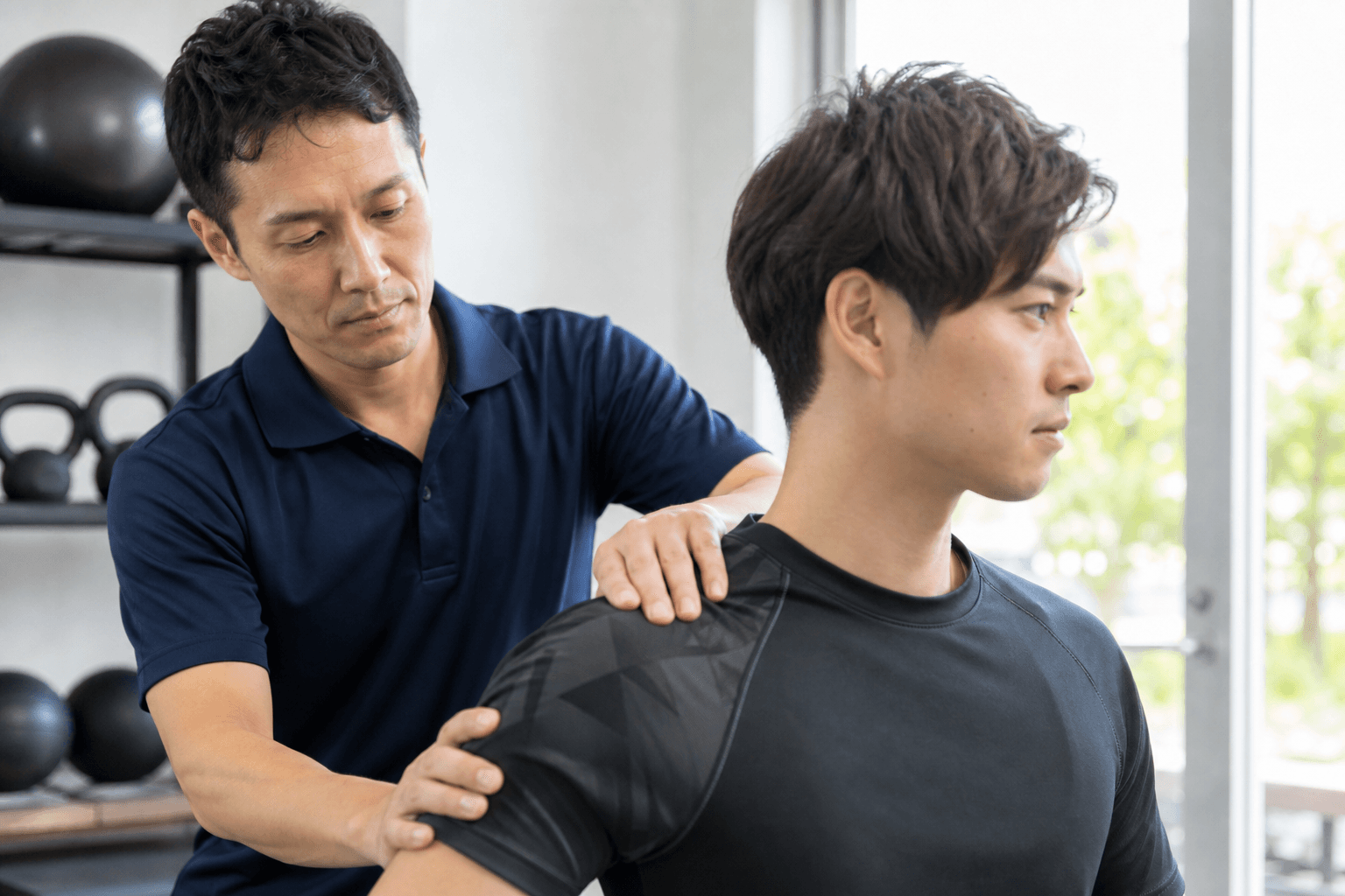 施術者がアスリートの肩を確認する様子